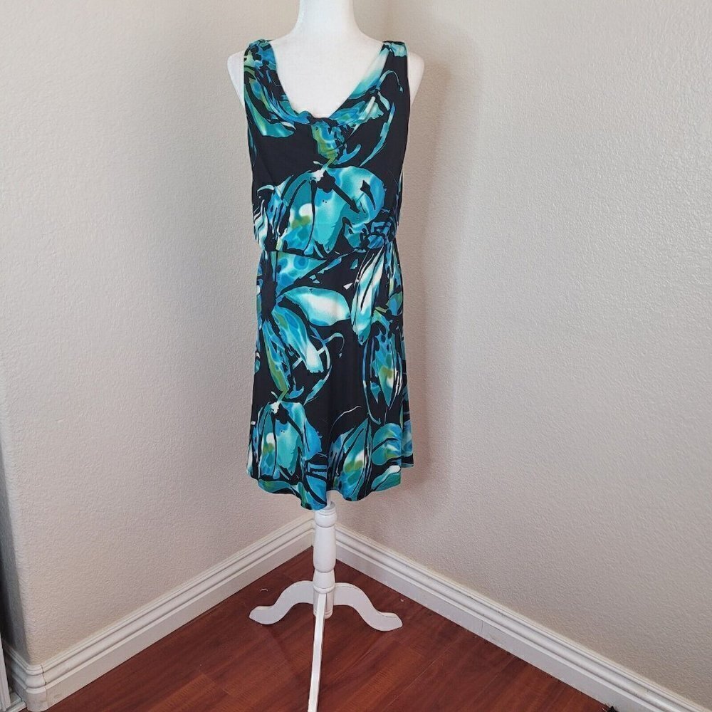 Jones New York Cowl Neck Blouson Blue/Black Floral Knee Length Dress Size 6 - Picture 4 of 11